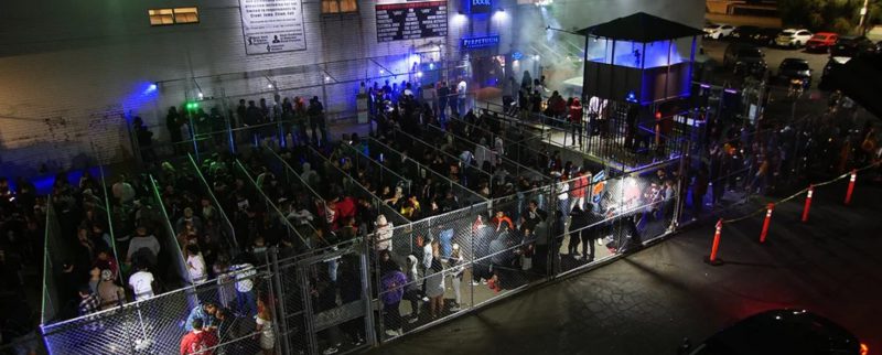 Aerial photo of the queue line and crowd at The 17th Door Haunted House