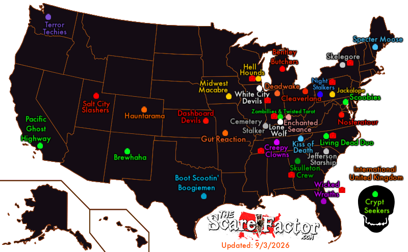 2026 Review Team Map of the United States with markers indicating locations of The Scare Factor's Haunted House Review Teams