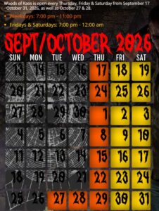 Woods of Kaos Haunted Scream Park 2026 Dates Times Calendar